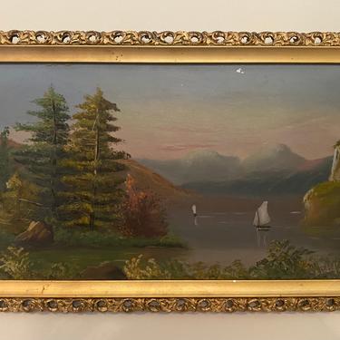 Antique Hudson River School Landscape Oil on Board Painting 19th century Small 