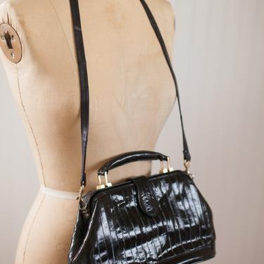vtg eel skin box purse // genuine eel skin black crossbody handbag // vintage leather womens accessories 
