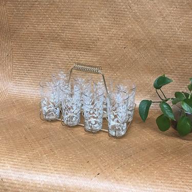 Vintage Libbey Glassware Retro 1960s Set of 8 Clear Drinking Glasses + White Floral Print + Silver + Gold Metal Caddy + Tumblers + Barware 
