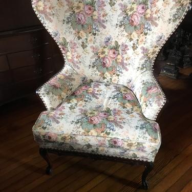 Vintage Wing Back Floral Chair Curved High Back 