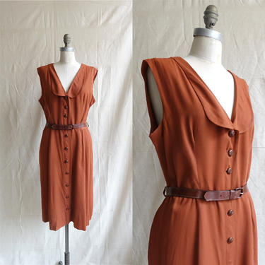 Vintage 40s Chestnut Rayon Dress/ 1940s Sleeveless Button Up Dress with Matching Belt/ Size Large XL 
