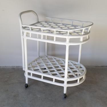 Vintage White Painted Rattan Two Tier Bar Cart 