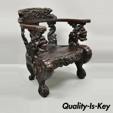 Antique Chinese Export Dragon Carved Hardwood Lounge Throne Lounge Arm Chair