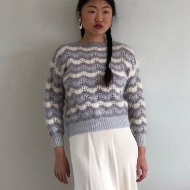 90s hand knit mohair angora sweater / vintage handknit mohair angora chevron boat neck pastel pointelle cropped sweater | S 