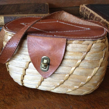 Vintage 1950s Italy Leather Basket Weave Rafia Straw Wicker Handbag Case Storage 