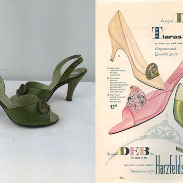 Elegance & Queenly Grace - Vintage 1950s Seaweed Green Leather D'Orsay Slingback Open Toe Pumps Heels - 8M 