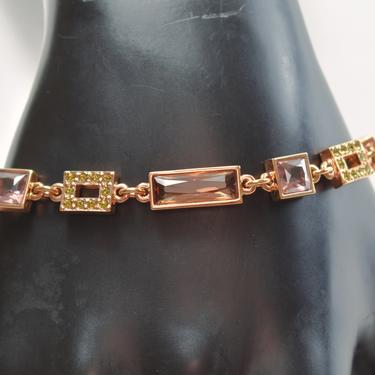 90's Swarovski swan rose gold plate crystal geometric bracelet, designer green purple amber clear rhinestone bling statement 