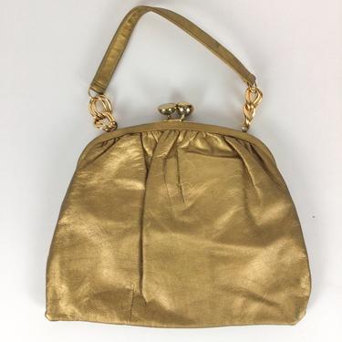 Vintage 50s purse | Vintage gold lame handbag | 1950s INGBER top handle leather purse 