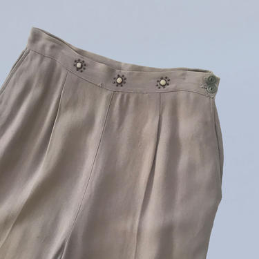 1940s Side Zip Pants / 40s Gray Wool Trousers / Embellished Waist 