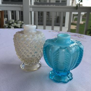 Pair of Vintage Fenton USA Art Glass Bud Vases or Perfume Bottles Blue Slag White Hobnail Chevron Scalloped 