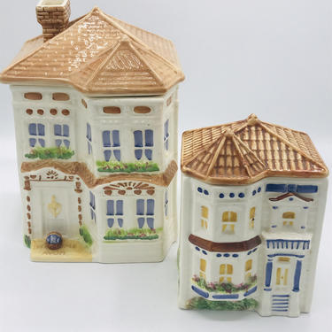 Vintage Avon Victorian House Cookie Jar Set of 2 Townhouse Canister Collection- Chip Free 