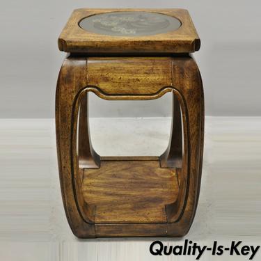 Vintage Oriental Hardwood Etched Round Glass 22" Pedestal Plant Stand Side Table