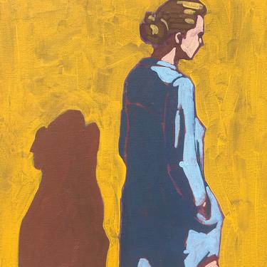 Woman Walking  |  Original Acrylic Painting on Canvas 12 x 16  | yellow and blue, shadow, figurative, fine art, gallery wall, modern 