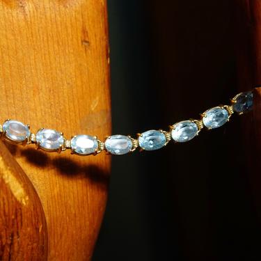 Vintage 14K Gold Aquamarine Link Bracelet, 21 Oval-Cut Gemstones, 585 Yellow Gold &amp; Light Blue Gemstone Tennis Bracelet, 8 1/2&amp;quot; L 
