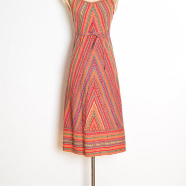 vintage 70s wrap dress chevron striped print cotton backless hippie boho midi sun dress XS S 