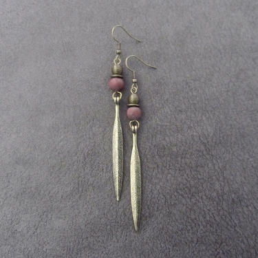 Boho earrings, long mid century modern earrings, leaf earrings, bohemian artisan earrings, chic contemporary earrings, red earrings 
