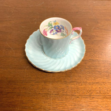 Vintage Aynsley China Teacup and Saucer Demitasse Turquoise Swirl Pink Handle Flowers 