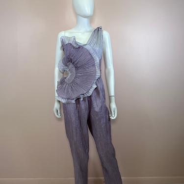 fabulous vtg 1980s purple pleated ruffle jumpsuit 