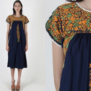 Vintage 70s Navy Oaxacan Midi Dress / 1970s Cotton Mexican Hand Embroidered Dress / Bright Orange Floral Quincenera Fiesta Dress 