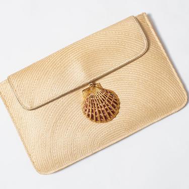 Vintage 1970s Clutch | 70s Gilded Seashell Sea Shell Wicker Envelope Bag Hawaiian Tiki Summer Purse 