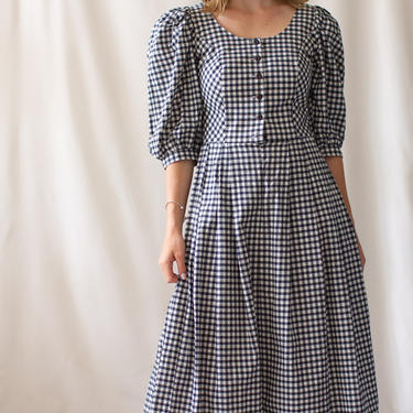 Yellow Blue White Cotton Short Puff Sleeve Fit And Flare 1960's Floral Gingham Dress 1960s Calico Short Prairie Dress Small Size
