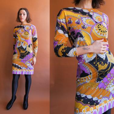 Vintage 70s Psychedelic Jersey Mini Dress/ 1970s Purple Gold Floral Long Sleeve Boat Neck Dress/ Size Small Medium 
