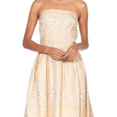 1950S Ivory Embroidered Silk Organza Strapless Party Cocktail Dress 