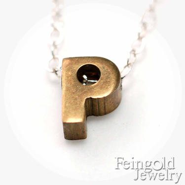 Letter P Necklace - Vintage Brass Initial Pendant on Sterling Silver Chain - Free US Shipping 