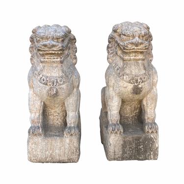 Chinese Pair Distressed Gray Stone Fengshui Foo Dogs Lions Statues cs6971E 