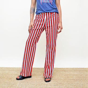 vintage 70s patriotic stripe pants 1970s striped red white blue boho hippie hip huggers bellbottoms unisex low rise jeans pant 30 31 