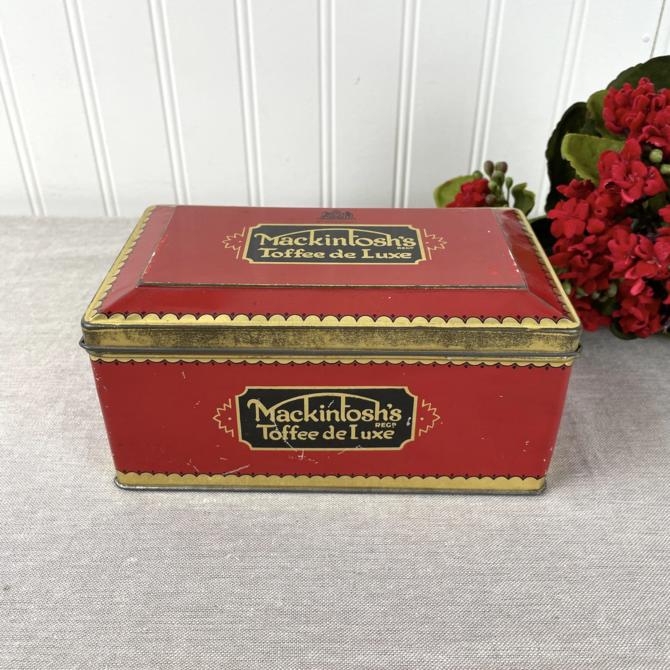 Mackintosh's Toffee de Luxe hinged toffee tin - vintage 1930s English candy box 