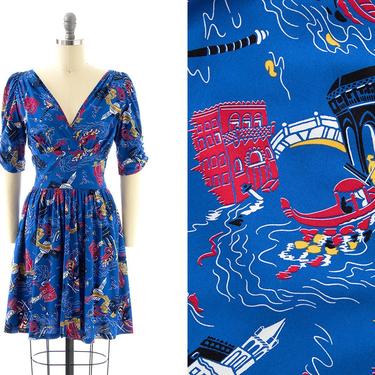Vintage Style Dress | 1930s Inspired TRASHY DIVA Venice Nights Italian Novelty Print Blue Rayon Fit and Flare Day Dress (x-small) 
