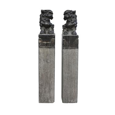 Chinese Pair Black Gray Stone Fengshui Foo Dogs Tall Slim Pole Statues cs5364E 