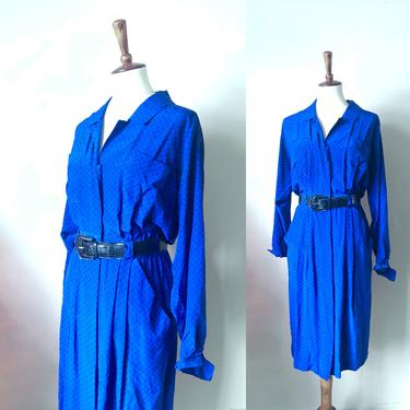 Vintage cobalt blue silk secretary dress with belt size medium 8 