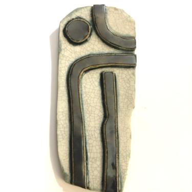 Unique Abstract Ceramic Wall Art Plaque is hand built with silver and crackle glaze 3” W x 7.25” H 