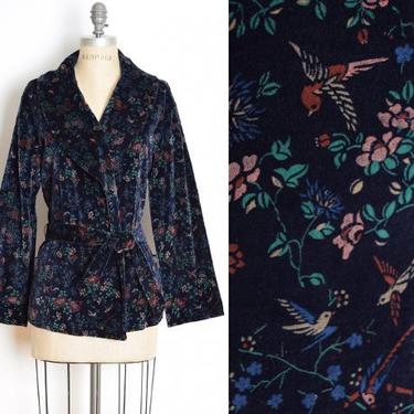 vintage 70s jacket navy bird print floral velvet velveteen wrap jacket top clothing large L 