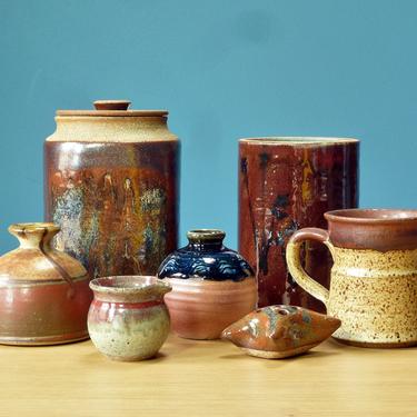 Vintage Studio Pottery Seven Piece Collection Red Earth Tone Grouping 