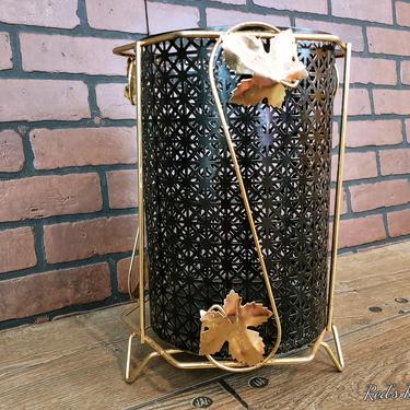 Mid Century Black Punched Metal and Gold Leaf Metal Trash Waste Can Basket 