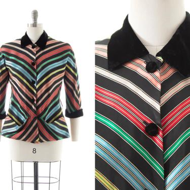 Vintage 1940s Blouse | 40s MAXAN Rainbow Colorful Striped Rayon Satin Bias Cut Velvet Trim Jacket Top with Pockets (medium/large) 