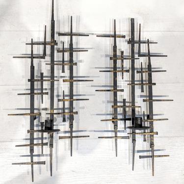 Curtis Jere Style Mid Century Modern Brutalist Nail Art Candle Wall Sconces 
