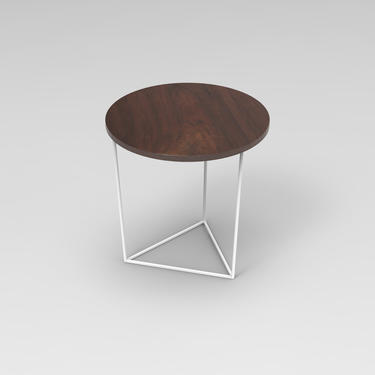 Modern End Table with Round Walnut Top and  White Triangle Steel Base, Geometric Side Table, Handcrafted 