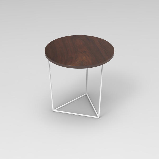 Modern End Table with Round Walnut Top and  White Triangle Steel Base, Geometric Side Table, Handcrafted 