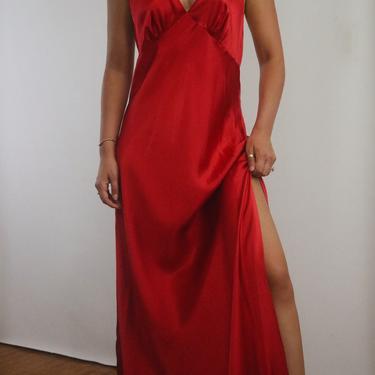 Vintage Red Silk Slip Dress - Charmeuse Liquid Silk Floor Length Slip Dress - Open Back Cross Strap Front Side Slit - M/L 