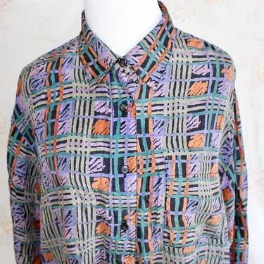 Vintage 90s Oversized Silk Shirt, 1990s Geometric Print Blouse, Abstract Top, Button Up Shirt, Collared, Long Sleeve 