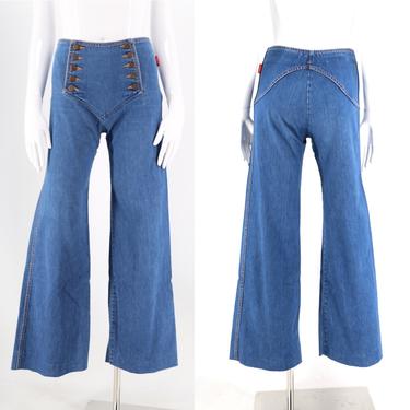 70s CHEMIN DE FER high waisted sailor style bell bottoms 26&amp;quot; / vintage 1970s wide leg jeans cropped pants 