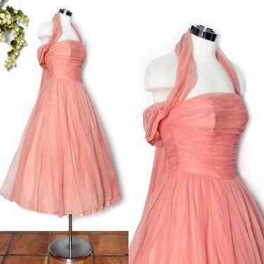50's Peach Chiffon Party Dress, Vintage Evening Gown Dress, Prom Dress, Halter Dress 1950's, 60's Full Skirt Pink, orange, Pinup Rockabilly 