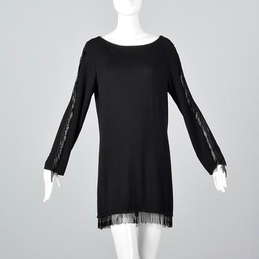 Medium 1990s Valentino Studio Black Knit Tunic Beaded Fringe Trim Long Sleeve Mini Dress Knit Separates 90s Vintage 