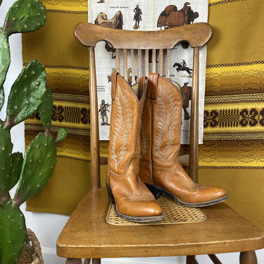 Women's Vintage Cowboy Boots Caramel Leather Stacked Heel Western Boots “Abilene” Size 7.5 