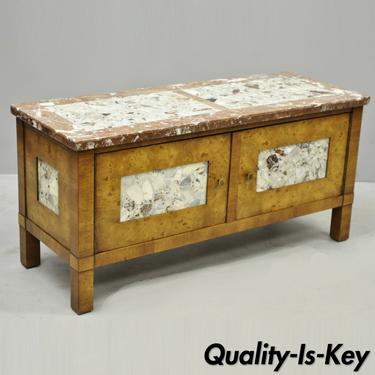 Small Vtg Burl Walnut Marble Top Hollywood Regency Low Hall Cabinet by Tomlinson