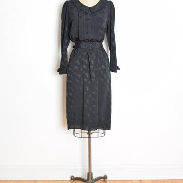 vintage 80s secretary dress black fans bloused belted midi dress M simple clothing 